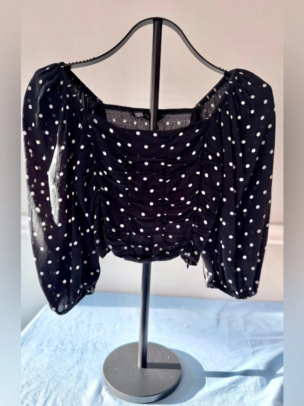 Zara Polka Dot Ruched Crop Top Size S Black Sheer Puff Sleeve Whimsigoth